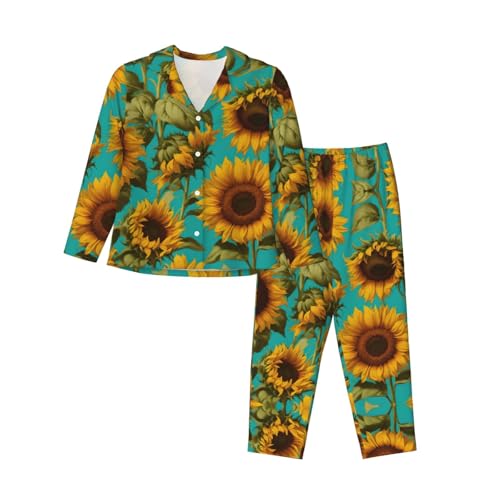 Tnnutp Sunflowers - Pijama de manga larga para mujer con pantalones largos y bolsillos, Negro , XL