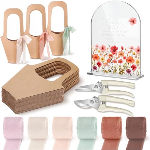 Kolldenn 59 Pcs Flower Bar Supplies Include Acrylic Flower Bar Sign Bouquet Wrapping Gift Bags with Handle Chiffon Ribbon Garden Scissors for Floral Bloom Decor (Arc)