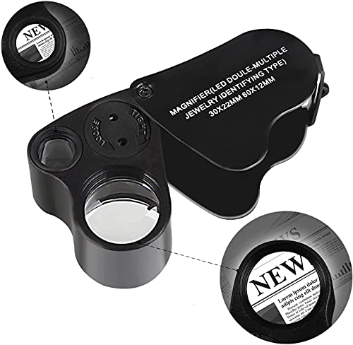 Jewelers Loupe, 2 Pack Magnifying Glass with Light, 30X 60X 90X Jewelers Loop Magnification with 20 Backup Batteries for Coin, Diamonds, Gems, Jewelry, Stamps Close Work