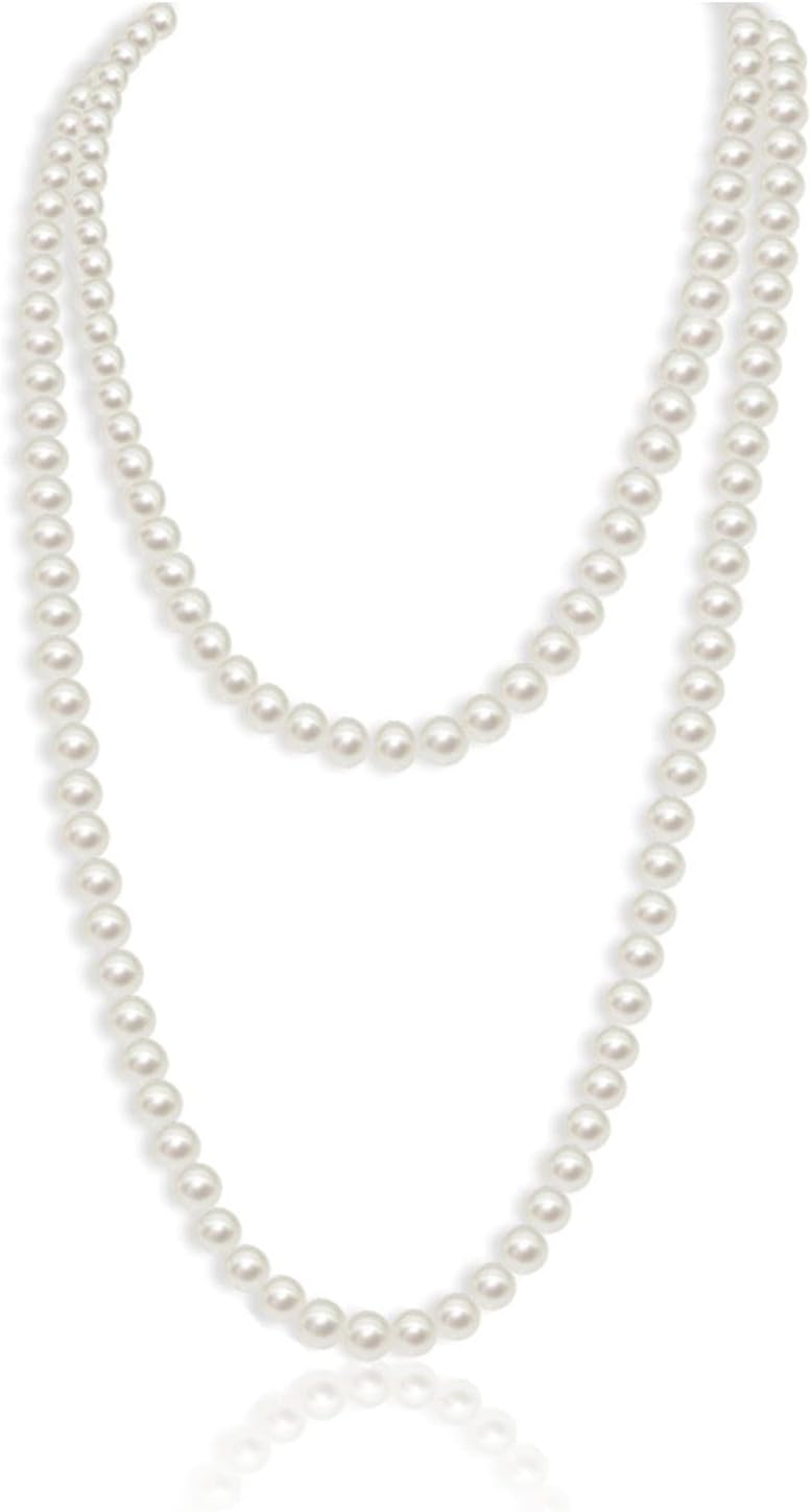 Long Pearl Necklace, 1920s Artificial Pearl Drop Choker Beads Vintage Fashion Necklace for Brides Wedding Party Accessories, 150cm Pearls