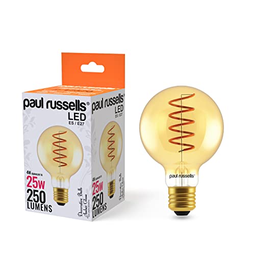 paul russells LED Spiral Filament Edison Screw Light E27 Globe G80, Vintage Industrial Bulbs - Pack of 1 – 25W Equivalent Replacement 4W 250LM Lumens 1800K ES Non-Dimmable Lamps - Retro Amber Glass