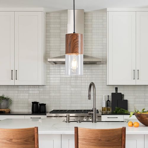 Image of Modern Pendant Lights for Kitchen Island, Adjustable Pendant Light Fixtures with Brown Wood Grain, Industrial Clear Glass Pendant Lights for Dining Table Hallway Bedroom Living Room,1 Pack