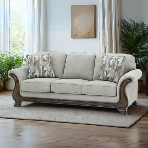 Image of Royaloak Amber Fabric Sofa 3 Seater | Soft Grey Upholstery with Thick Cushions | Designer Wooden Arm Panels and Wood Finish Skirting | 3 Seater Sofa with Super Soft Cushions for Comfort