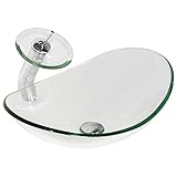 Walcut Clear Tempered Glass Bathroom Vessel Sink Art Basin and Waterfall Faucet Combo w/Chrome Pop U