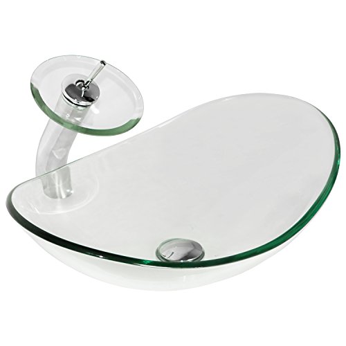 Walcut Clear Tempered Glass Bathroom Vessel Sink Art Basin And Waterfall Faucet Combo W/Chrome Pop Up Drain #TOP14
