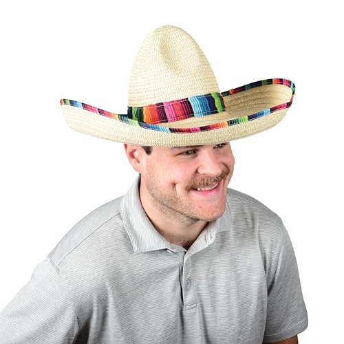 GiftExpress Mexican Sombrero Hat Adults with Serape Trim, Straw Sombrero for Cinco de Mayo, Mexican Party and Fiesta