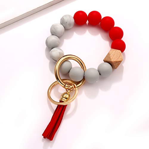 Boderier Silicone Bracelet Keychain Key Ring Elastic Silicone Bead Wristlet Keychain Bracelet Bangle Portable House Car Keys Ring Holder With Tassel (Red) #TOP3