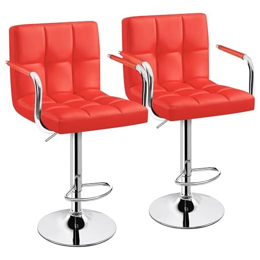Yaheetech Tall Bar Stools Set of 2 Modern Square PU Leather Adjustable BarStools Counter Height Stools with Arms and Back Bar Chairs 360 Swivel Stool, Red