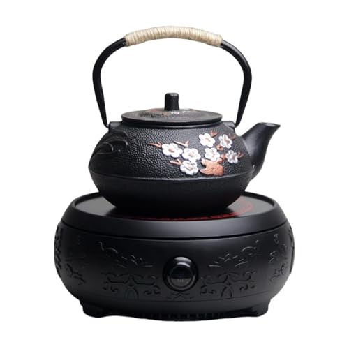 HeyDear 鉄瓶 南部鉄器 急須・やかん/ケトル IH直火対応 600ml 茶こし付き おしゃれ ティーポット 鉄分補給 保温 家庭用 茶愛好家向け 健康志向 日本伝統工芸 贈り物 ギフト 梅柄マグ2個+コースター2個 (600ml,ブラック・エレガン