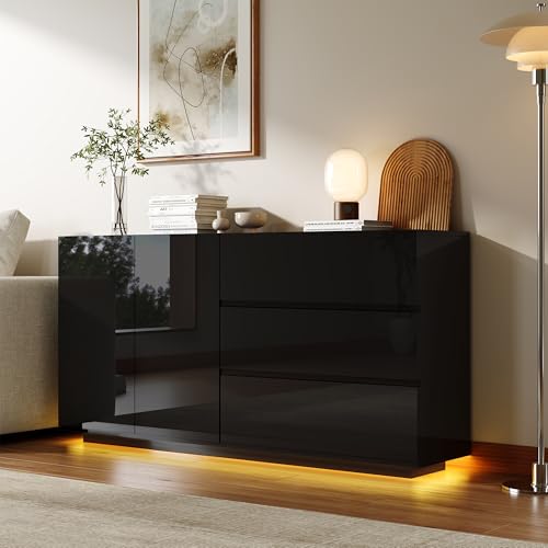Kommode Schwarz Hochglanz, Sideboard Modern Mit LED Beleuchtung, 3 Schubladen, 2 Türen, 160 cm Breit, Buffetschrank Küchenschrank Wohnzimmerschrank Für Schlafzimmer Esszimmer Büros Flur,160x35x76cm