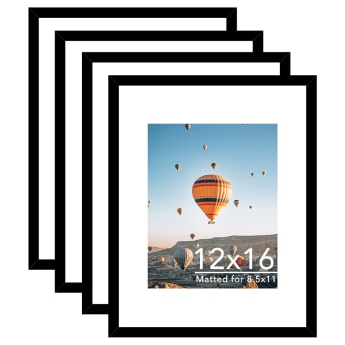 Image of JCJMY 12x16 Picture Frame Set of 4 with 8.5x11 Mat, Black 12 x 16 Poster Frames with Shatter Resistant Plexiglass, Display 8.5 x 11 with Mat or 12 by 16 Without Mat, Sturdy Wall Hanging Frame, 4 Pack