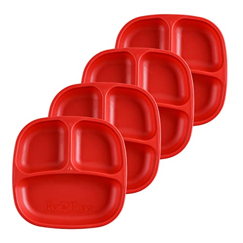 Re-Play Toddler Plates with Dividers - Deep-Walled 3 Compartments Divided Plates for Kids - Dishwasher & Microwave Safe - Made in USA - Set of 4-7.37" x 7.37" x 1.25" - Red