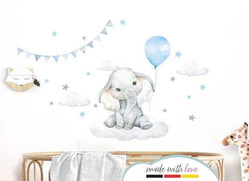 Sticker mural enfant éléphant bleu et nuages pour déco chambre