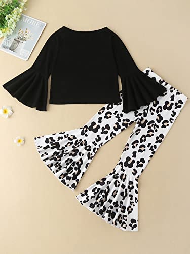 Image of WDIRARA Girl's 2 Piece Flounce Sleeve Top and Leopard Print Bell Leg Bottom Pants Set
