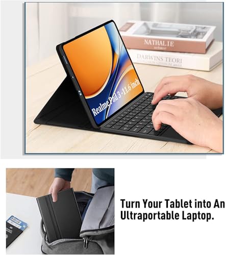Image of HOM Tri-Fold 7-Colour Backlight Detachable Wireless Bluetooth Keyboard with Trackpad /Touchpad Tablet Cover Case for Realme Pad 3 11.61 inch