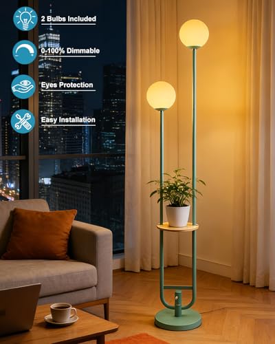 Image of Lightdot 63IN Green Floor Lamp 2 Globe Mid Century Standing Lamps with Bulbs Included Unique Vintage Dimmable Tall Floor Lamp with 5Lbs Heavy Base for Living Room /Wedding /Sofa Beside /Corner Decor