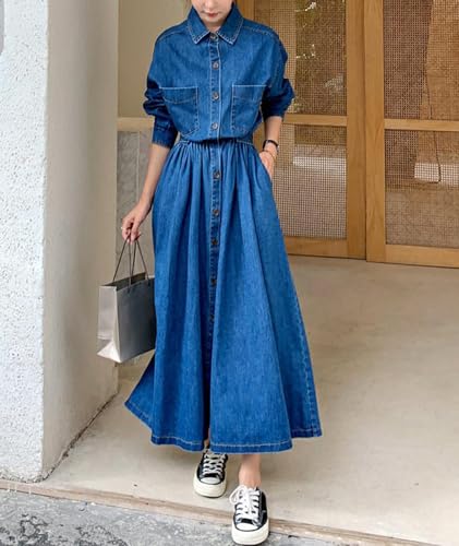 Sexyshine Women's Denim Dress Lapel Button Down Long Sleeve A Line Jeans Maxi Dress Plus Size Denim Shirt Dress with Pockets2