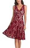 MISS MOLY Women Floral Lace Overlay Fit and Flare Dress V Neck Knee Length Elegant Wedding Party Dress Red M