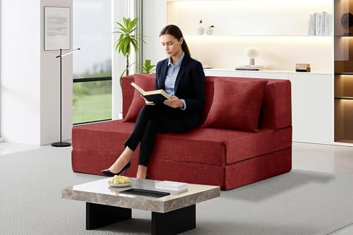 Image of Los Angeles Foldable Two Seater Sofa Cum Bed, Sofa Bed 4 X 6 Feet, Jute Fabric- Washable Cover- Including Two Cushion Perfect for Home & Office, Guest Room -Red Color