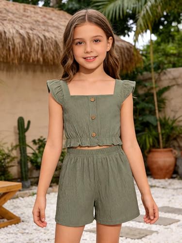 Image of Girl's Summer Clothing Sets Knit Ruffle Striped T-Shirt and Shorts 2 Piece Outfits