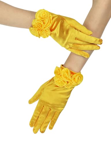 Goiruiya Short Satin Floral Gloves Elegant Wedding Dress Gloves for Opera Dinner Party Accessories Yellow
