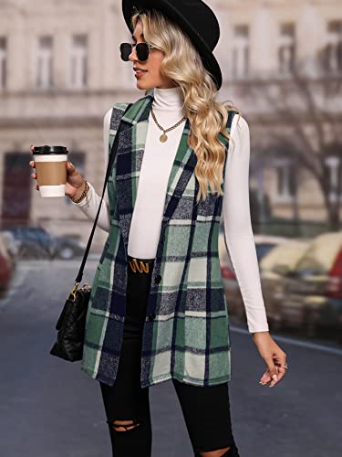Makemechic 989918825-M Women'S Plaid Vest Coat Casual Lapel Neck Button Front Sleeveless Blazer Jacket Outerwear Green M thumb #4