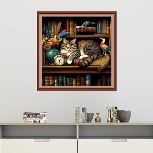 Image of Dooxvey Cross Stitch Kits for Adults Beginners,Full Range of Cross-Stitch Stamped Kits Needlepoint Kits for Beginners Embroidery Kits 11CT Cross Stitch Patterns-Bookshelf Sleeping Cat 18x18 inch