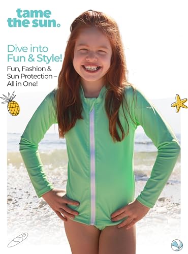 Image of Girls Long Sleeve Swim Shirt UPF 50+ Rash Guard One Piece Zipper Swim Shirt