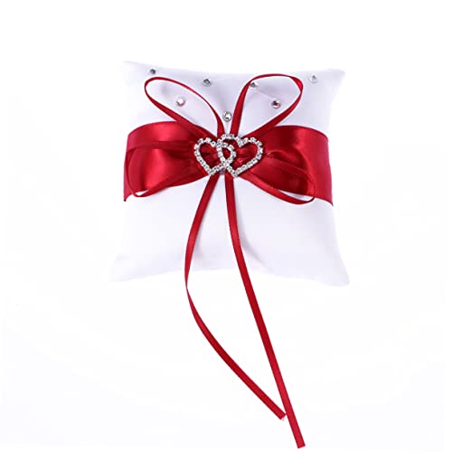 Cabilock Wedding Ring Pillow with Double Heart Design Ring Bearer Pillow for Ceremony Red Satin Wedding Pillow