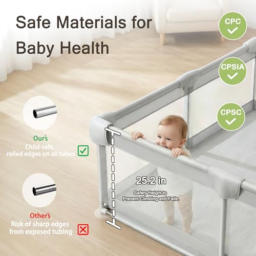 Image of 71 inch x59 inch Baby Playpen with Gate, Large Baby Play Pen for Babies and Toddlers, Infant Fence Play Yard with Door for Living Room, Anti-Fall, Breathable Mesh