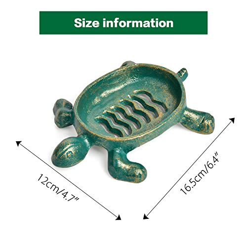 Sungmor Heavy Duty Cast Iron Drainable Soap Holder - Lovely Tortoise Shaped & Antique Green & Gold Finish - Kitchen Bathroom Sink Soap Dish Tray - Practical & Decorative Tabletop Soap Box Container #TOP5