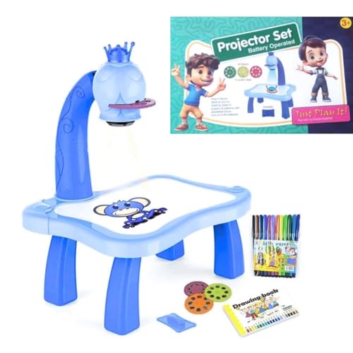Image of Braintastic Kids Projector Drawing Table with Light & Music | Educational Art & Tracing Toy with Patterns and Color Pens | for 3+ Years Boys & Girls (Blue)