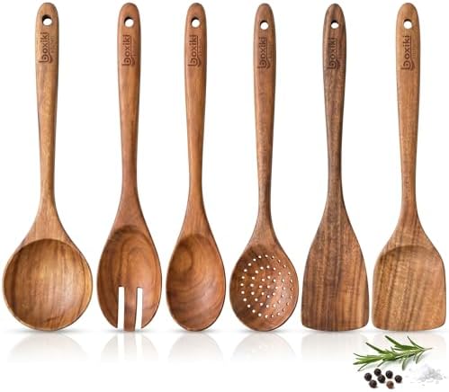 Boxiki Kitchen Luxury Teak Wood Utensil Set - Elegant 6-Piece Coo...