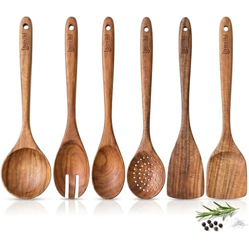 Boxiki Kitchen Luxury Teak Wood Utensil Set - Elegant 6-Piece Cooking Ensemble Including Spoons, Server, Scraper & Spatula - Expertly Crafted for Culinary Excellence