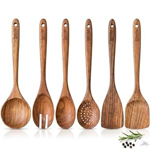 Wooden Spoons for Cooking Set of 6 – Teak Wood Kitchen Utensil Set, FSC Certified Non Toxic Wooden Cooking Utensils with Spatula Mixing Spoon Ladle and Salad Fork for Nonstick Pans by Boxiki Kitchen