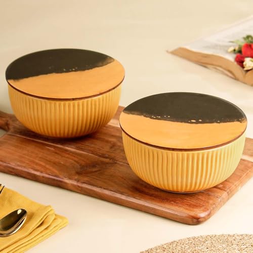 Image of The Earth Store Yellow Fringe Ceramic Bowl with Lid Set of 2, 550ML | Multipurpose Uses Coaster /Lid | Dishwasher & Microwave Safe Bowl | Ideal for Rice, Dal, Fruits, Salad, Snack, Mixing Bowl