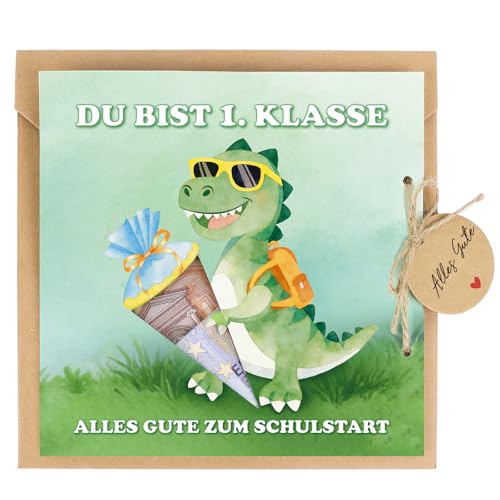 COMOOKA Geldgeschenk Einschulung Jungen Dino Karte Schulanfang 1. Klasse mit Umschlag Juteschnur Klebepunkten und Geschenkanhänger Schulkind Geschenk Verpackung für Schulstart