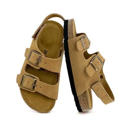 Kids Toddler Sandals Girls Non-Slip Footbed Slides Boys Adjustable Buckle Slippers Strappy Wedges with Comfortable Plush & Soft Insole Light Brown 10