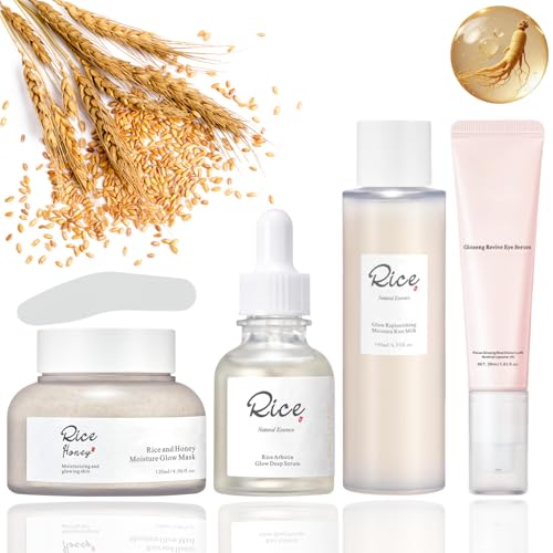 4 Stück Korean Skincare Set Rice Toner Rice Arbutin Serum Rice & Honey Glow Mask Ginseng Eye Serum Skin Care Set für Feuchtigkeit Koreanische Skincare für Einen Strahlenden Teint