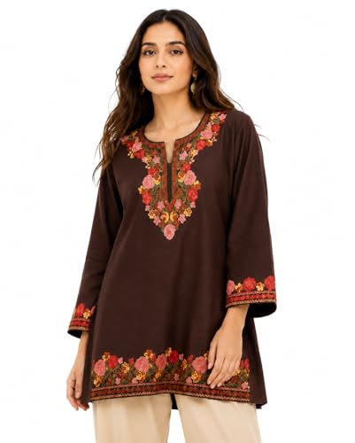 Image of HAUTEMODA Women Cotton Floral Embroidered Short Kurti, Tunic, Three-Fourth Sleeves, White
