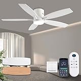 KNUN 52 Inch Flush Mount Ceiling Fan with Light and Remote/App Control,White Ceiling Fans with Lights, 3CCT,Dimmable,Noiseless,Low Profile Ceiling Fan for Indoor/Outdoor Use