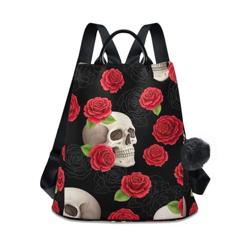 Sac à dos femme crânes et roses noires et rouges avec pompon