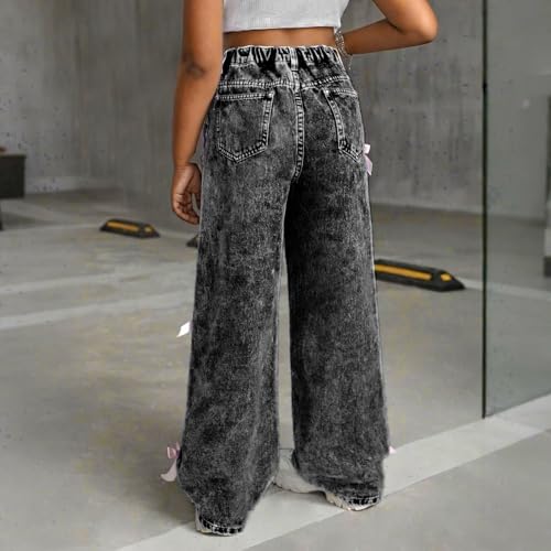 Girls Bow Wide Leg Jeans Baggy Denim Pants Cute Elastic Waist Streetwear Y2K Trousers Casual Winter Jeans with Pockets4