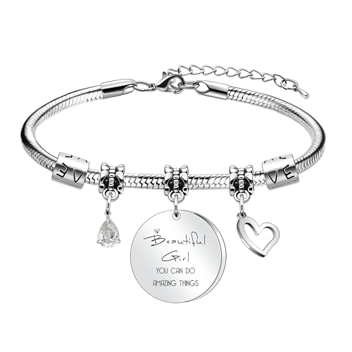 Lunestral Joyería para mujer y niña, con texto en inglés «Beautiful Girl, You Can Do Amazing Things», pulseras con dije de piedra natal, joyería inspiracional, motivacional, cumpleaños, graduación,