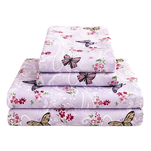 Image of Softan Purple Floral Bed Sheets Full, Paisley Flower Printed Sheet Set, Cozy Microfiber Fitted Sheet with 15 inch Deep Pocket & Non-Slip Straps, Butterfly Patterned Sheets & Pillowcase Set