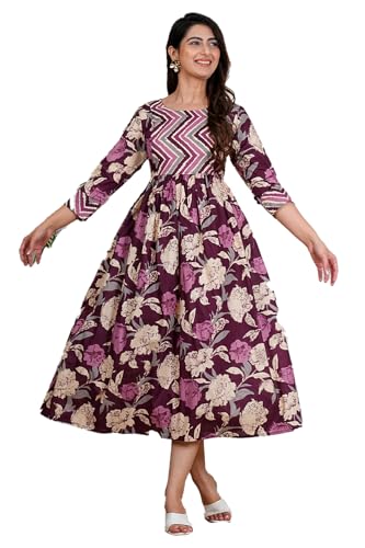 Image of Monique Brand Women's /Girls Cotton Kurta for Women Floral Printed Regular Fit Anarkali Kurta ||Floral Flared Western Dress