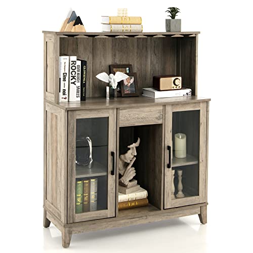 Loko Wine Bar Cabinet, Liquor Cabinet With Removable Wine Rack, Farmhouse Buffet Sideboard Storage Cabinet With Adjustable Shelves & Tempered Glass Doors, 38.5 X 16 X 48.5 Inches (Grey) #TOP7