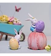 Cynkeyee Easter Decorations Bunny Figurine - 2 Pcs Cute Bunny Play with Spring Eggs, Easter Rabbi...