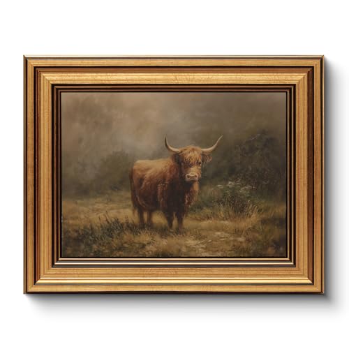 Image of HUARCEY Gold Framed Vintage Wall Art for Living Room, Animals Painting Prints Shelf Decor for Kitchen, Aesthetic Bedroom Wall Art, Best Gifts for Friends or Family - Highland Cattle 10L x 8W