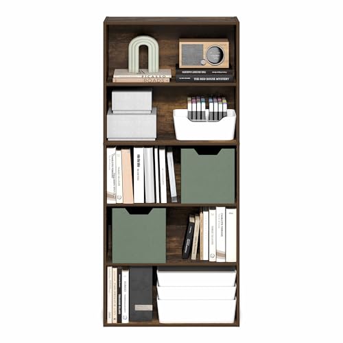Image of Furinno Jaya Book Shelf, 5-Tier Bookshelf, 52 Inch Tall Standing Bookcase with Adjustable Shelf, 9.5 x 23.6 x 52.6, for Home Office, Bedroom, Living Room, Amber Pine